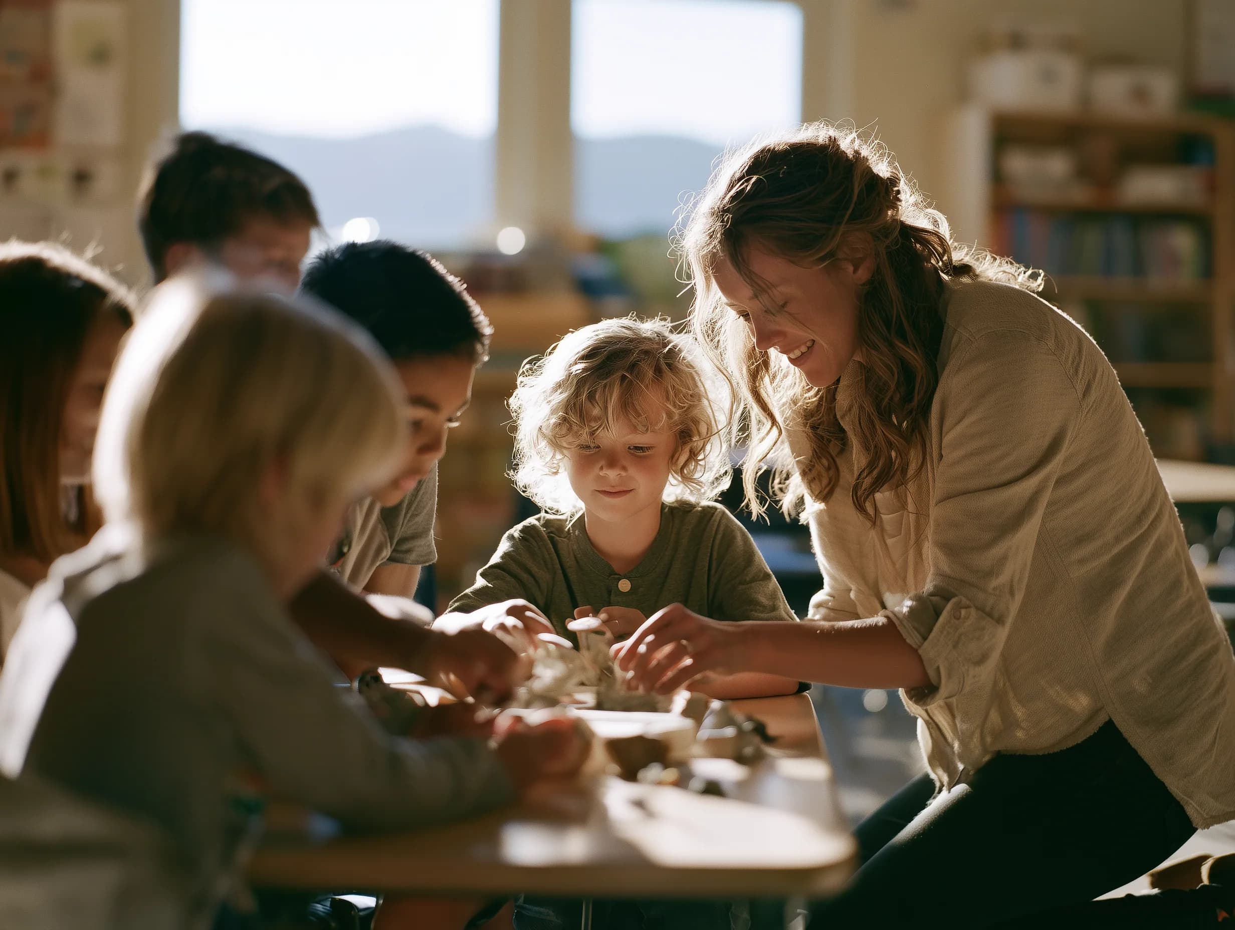 A teacher guiding elementary students through a hands-on activity