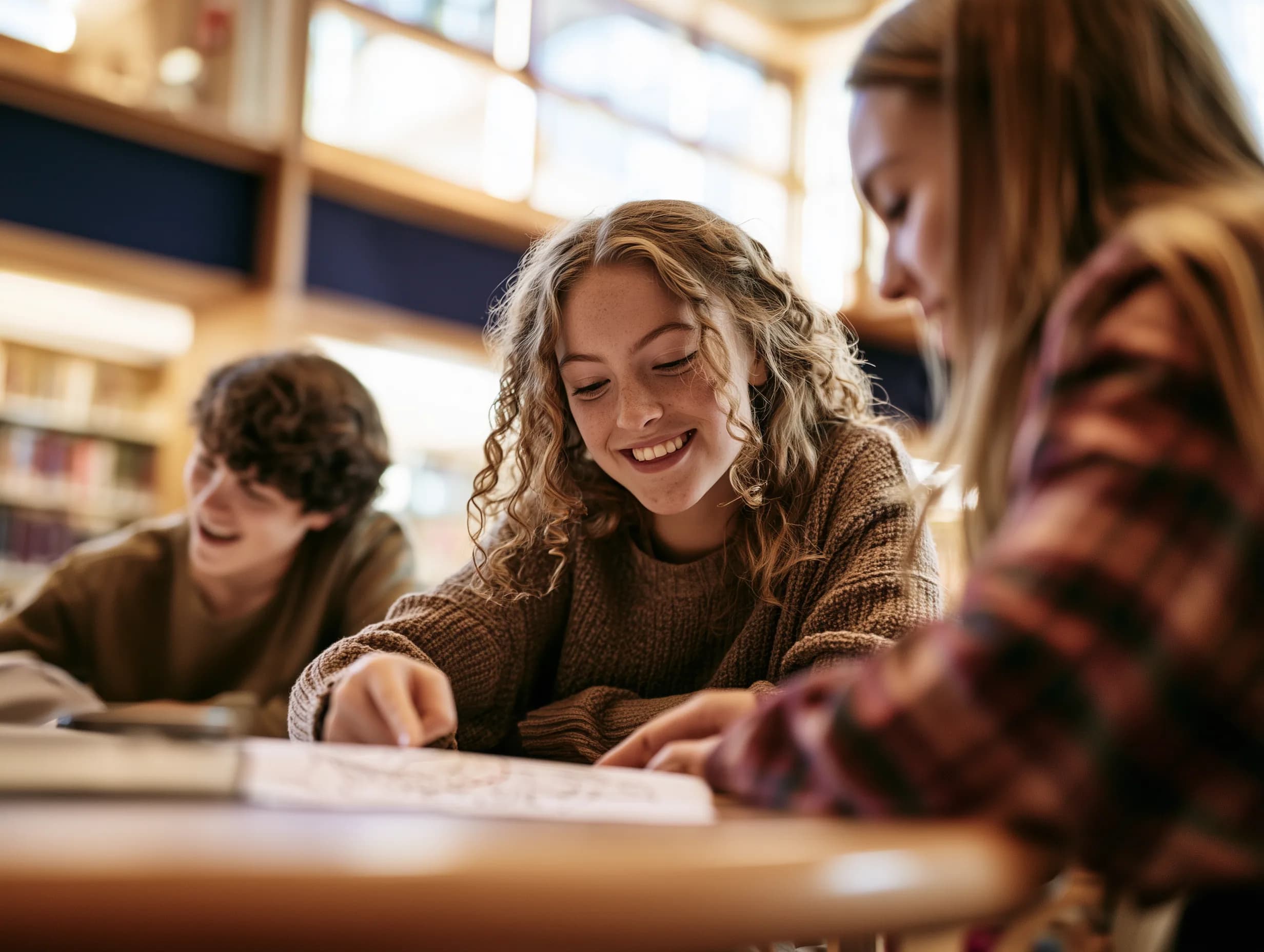 Students reading and working together at a library table