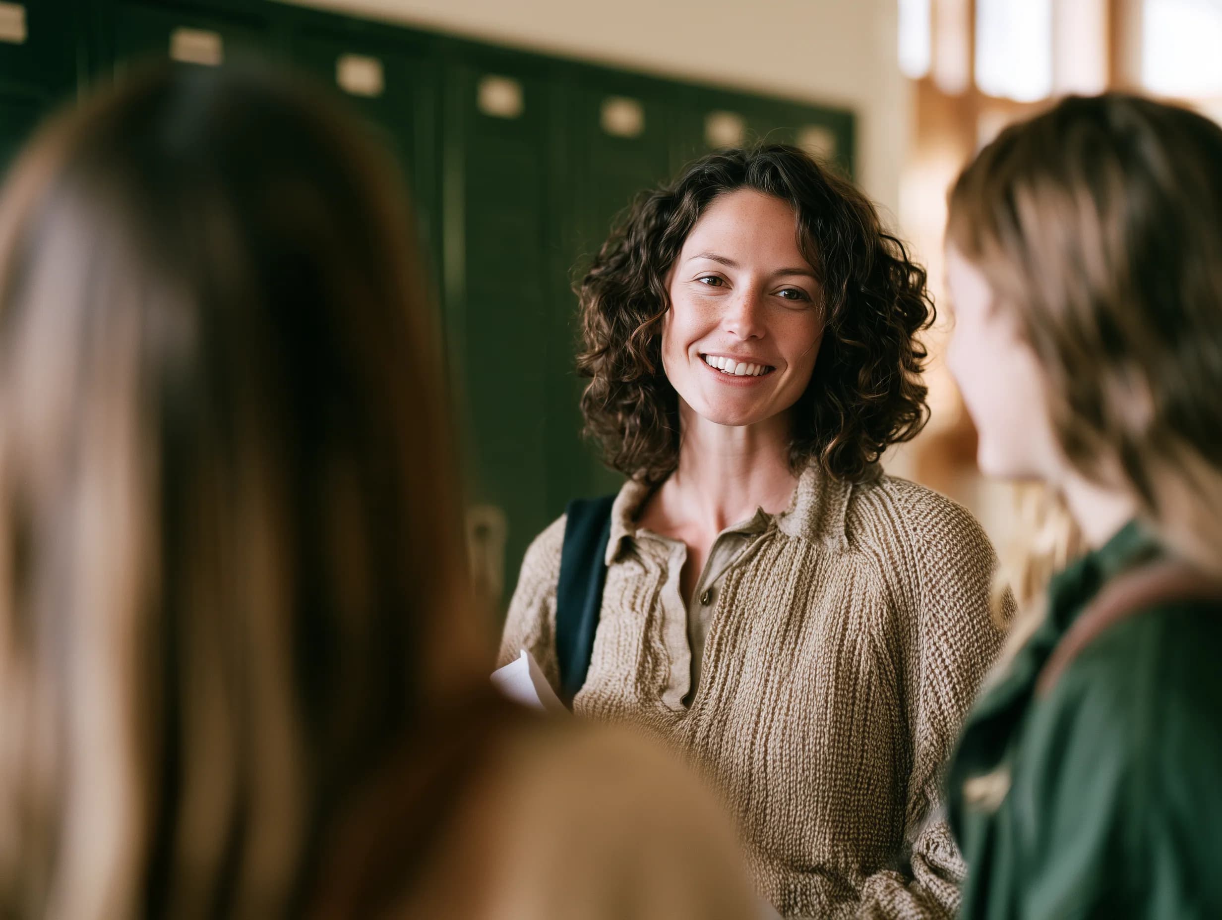 A Liahona teacher talking with students between classes